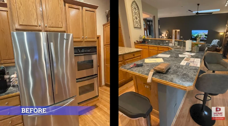 Worn kitchen flooring before installation