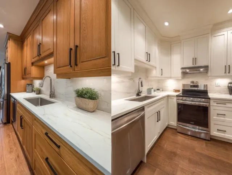 Before and after cabinet refacing project with modern white shaker cabinets in Cincinnati, OH.