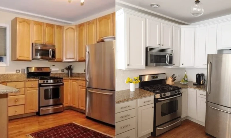 our work 5 Kitchen cabinet and countertop refacing before and after side by side comparison in Cincinnati OH