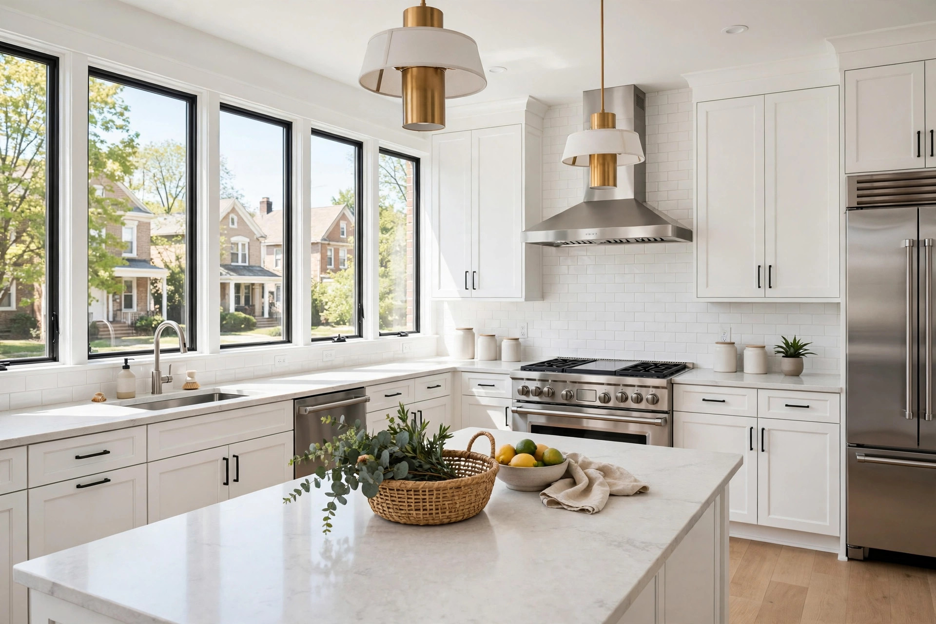 How Much Does It Cost to Paint Kitchen Cabinets in Cincinnati? (2026 Prices) 1 White shaker kitchen cabinets freshly spray painted in a Cincinnati home, satin finish