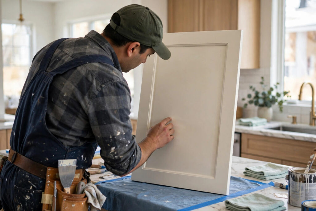 Cabinet Painting Warranty Guide: What's Actually Covered 1 Painter inspecting cabinet finish quality during warranty walkthrough Cincinnati