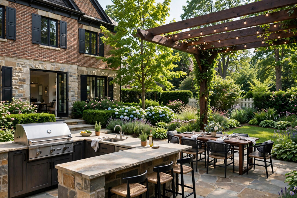 Do Outdoor Kitchens Add Home Value? What the Data Says 1 Homebuyers touring Cincinnati backyard with built-in outdoor kitchen