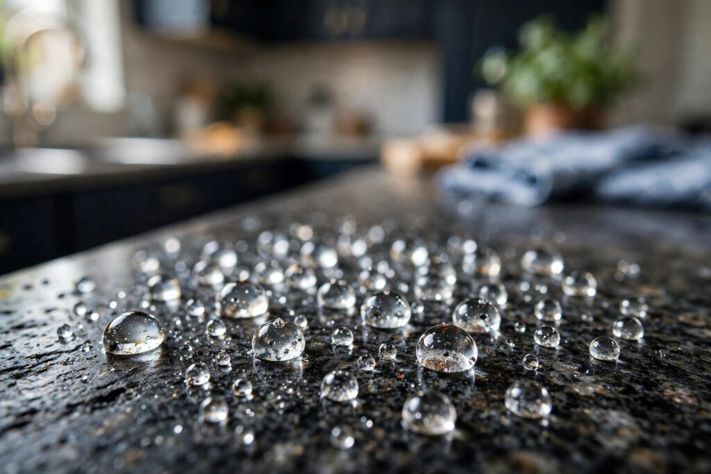 How to Clean Quartz vs Granite Countertops (Without Ruining Them) 1 Water beading on sealed granite countertop during seal test in kitchen
