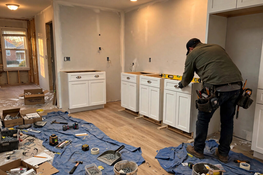 Cincinnati kitchen remodel in progress with new cabinets being installed