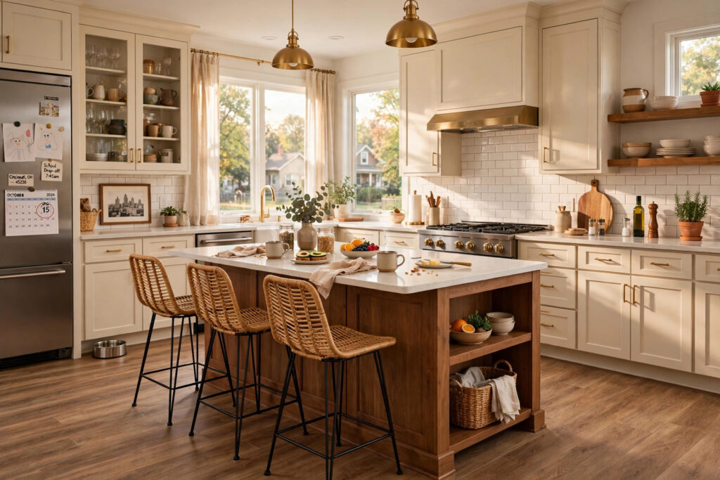 LVP vs Tile Kitchen Flooring: Which Should You Choose? 1 Family kitchen in Cincinnati with warm LVP wood-look flooring and island