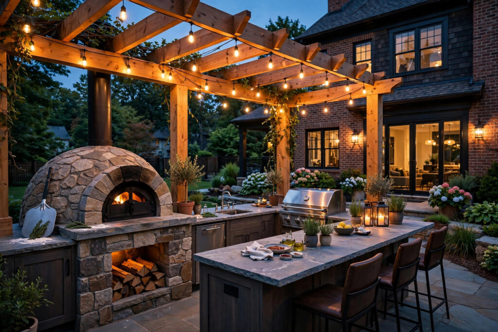 How Much Does an Outdoor Kitchen Cost in Cincinnati? (2026 Guide) 1 Luxury outdoor kitchen with pizza oven and pergola in Cincinnati backyard at dusk