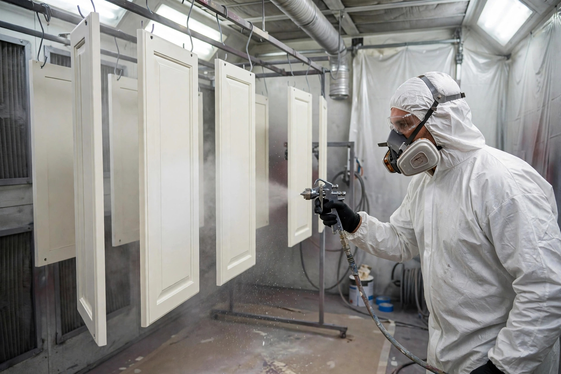 How Much Does It Cost to Paint Kitchen Cabinets in Cincinnati? (2026 Prices) 2 Professional spray painting cabinet doors in a paint booth, fine finish application