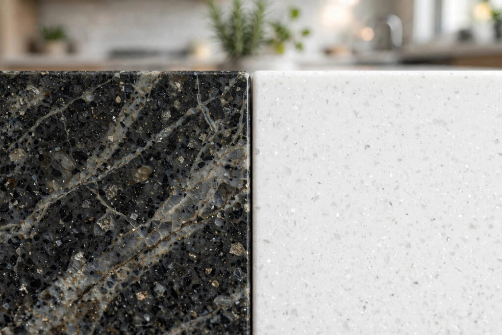 Close-up of granite countertop with natural veining next to quartz countertop in Cincinnati home