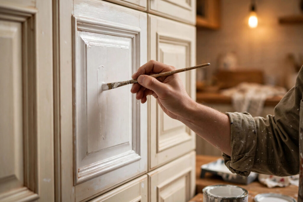 Cabinet painter hand-brushing detailed raised panel doors Cincinnati Ohio