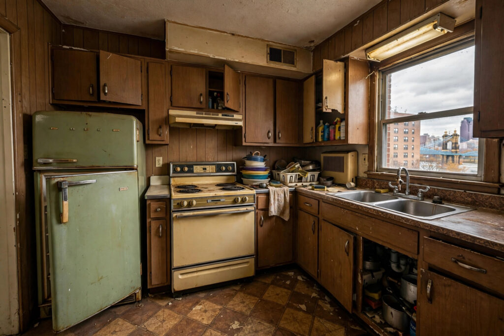 When Not to Reface Cabinets: 7 Warning Signs 1 Outdated kitchen layout with poor workflow that needs remodeling not refacing